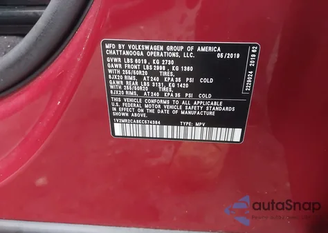 2019 Volkswagen Atlas 3.6L V6 Sel z USA, uszkodzony, nr VIN 1V2MR2CA8KC574384